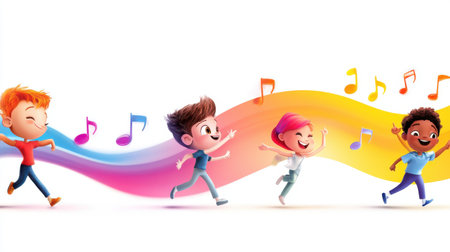 Friday Fun" clip art with cartoon-style dancing characters, music notes, and bright colors, evoking joy and celebration.の素材