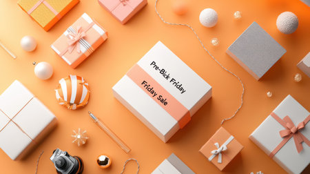 Flat lay of discounted products, with a large "Pre-Black Friday Sale" banner.の素材