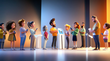 Friday night event with people lining up at the entrance, some holding tickets, others talking on their phones.の素材