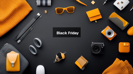 Flat lay of sale items on a black background with a bold "Black Friday" discount sign, ideal for marketing campaigns.の素材