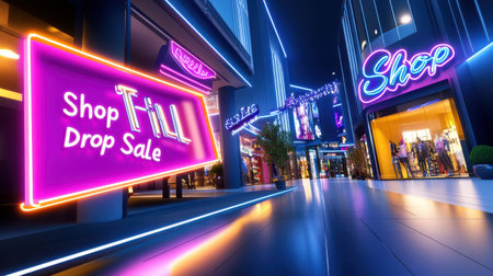 Glowing neon signs reading "Shop Till You Drop" and "Sale" with vibrant, flashing colors in a busy shopping district.の素材