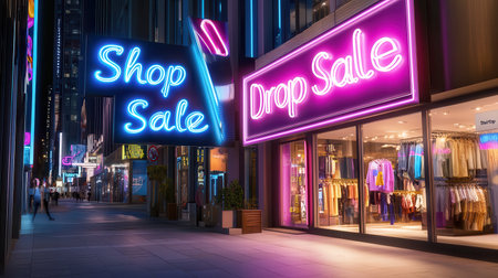 Glowing neon signs reading "Shop Till You Drop" and "Sale" with vibrant, flashing colors in a busy shopping district.の素材