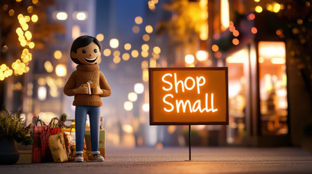 Friendly local store owner standing in front of their shop, proudly displaying a "Shop Small" sign for holiday shoppers.の素材