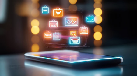 Glowing neon Black Friday sale icons popping up on a mobile app screen, highlighting massive online shopping deals.の素材