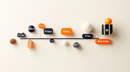 Graphic design showing a timeline from "Pre-Black Friday" to "Black Friday" with discount tags along the way.の素材