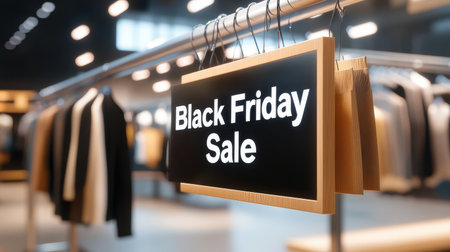 Fashionable clothing store filled with racks of discounted items, featuring a prominent "Black Friday Sale" sign.の素材