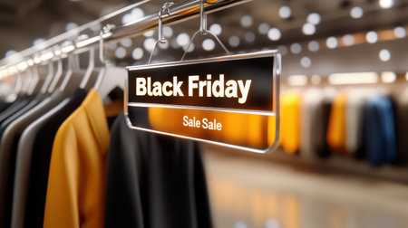 Fashionable clothing store filled with racks of discounted items, featuring a prominent "Black Friday Sale" sign.の素材