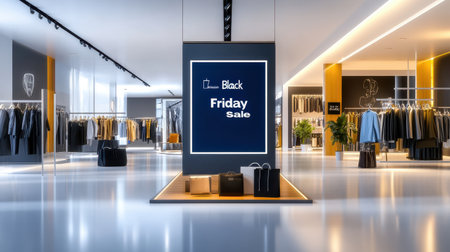Fashionable clothing store filled with racks of discounted items, featuring a prominent "Black Friday Sale" sign.の素材