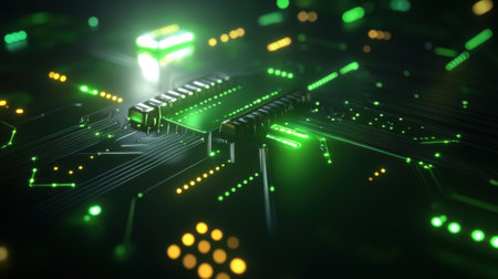 Green futuristic backdrop with glowing circuits and complex patterns, creating a sleek and advanced visual spaceの素材