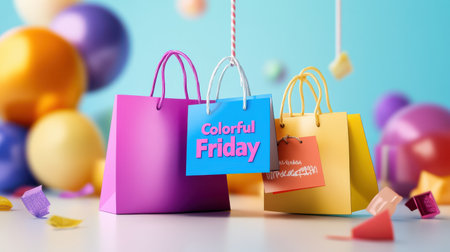 Multi-colored sale tags and bright, glowing text announcing a "Colorful Friday" sale, with bold, playful fonts.の素材