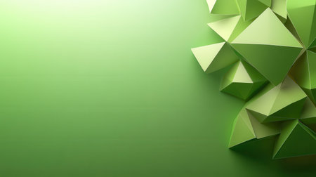 Green geometric low poly backdrop with a blend of sharp angles and soft gradients, creating a contemporary and visually engaging spaceの素材