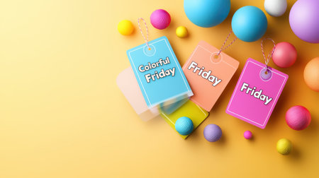 Multi-colored sale tags and bright, glowing text announcing a "Colorful Friday" sale, with bold, playful fonts.の素材