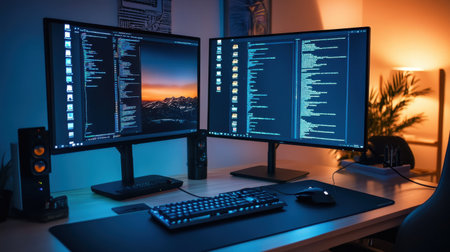 High-end desktop computer setup with a dual monitor showing Cyber Monday sales on tech gadgets.の素材