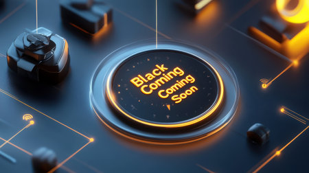 Minimalist design with a dark theme and glowing "Black Friday Coming Soon" text overlaid with a countdown clock.の素材