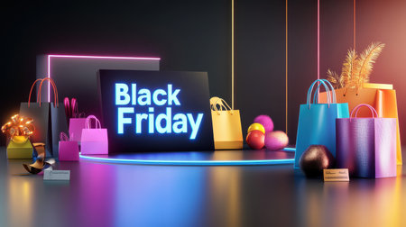 Neon "Black Friday" letters in bright colors, shining over a sleek black background with shopping bags and sale tags nearby.の素材
