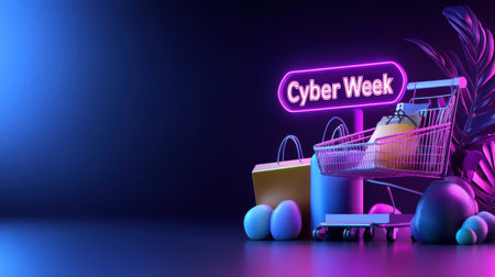 Modern digital marketing banner advertising "Cyber Week" in bold neon letters, perfect for an online store.の素材