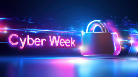Modern digital marketing banner advertising "Cyber Week" in bold neon letters, perfect for an online store.の素材