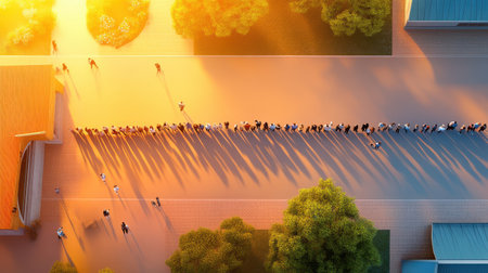 Overhead view of a line of people wrapping around a building, waiting for a product launch event, as the sun sets.の素材