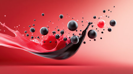 Red and black splashes colliding to create a vibrant, energetic banner for Black Friday promotions.の素材