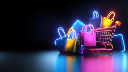 Neon lights featuring shopping bags, sale tags, and a shopping cart, illuminating a dark background with bold colors.の素材