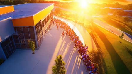 Overhead view of a line of people wrapping around a building, waiting for a product launch event, as the sun sets.の素材