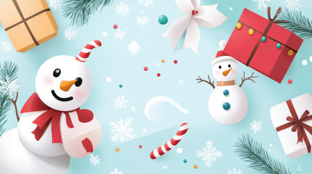 Flyer for a holiday charity event, with cheerful illustrations of gift boxes and seasonal motifs like snowmen and candy canes.の素材