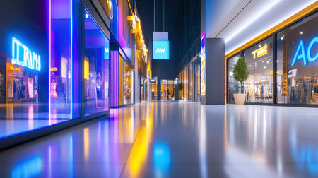 Flashy Black Friday lights illuminating a shopping mall entrance, with colorful sales banners hanging inside.の素材