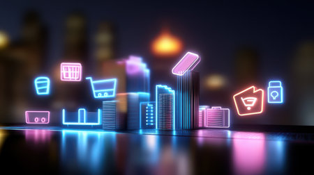 Flashy neon shopping icons glowing against a cityscape, highlighting a shopping center with a modern, stylish feel.の素材