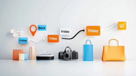 Graphic design showing a timeline from "Pre-Black Friday" to "Black Friday" with discount tags along the way.の素材