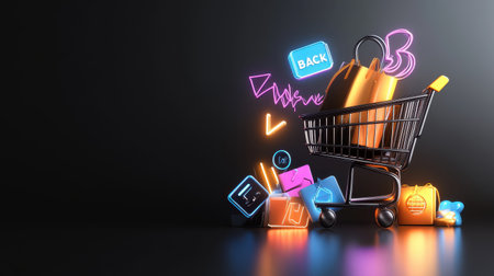 Glowing Black Friday icon with sharp, bold fonts and bright sale symbols, creating an eye-catching promotional image.の素材