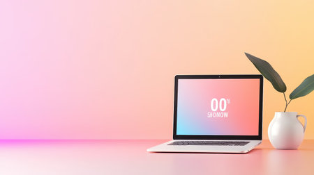 Laptop displaying a Cyber Monday countdown timer with bold, colorful text, urging customers to shop now.の素材