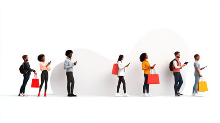 People standing in line, chatting and holding shopping bags, with large Black Friday banners hanging in the background.の素材