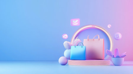 Pink and blue gradient banner announcing Cyber Monday deals, with glowing discount text and product icons.の素材