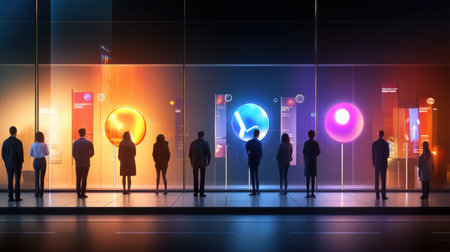 People standing in line in front of a brightly lit store entrance, waiting for the doors to open, surrounded by sale banners.の素材