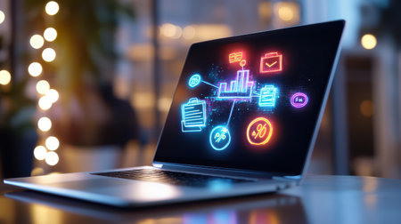 Laptop screen showing a vibrant Black Friday sale website, with glowing neon discount percentages floating nearby.の素材