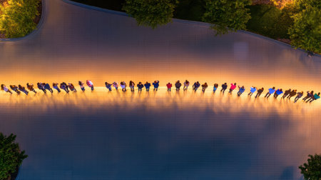 Overhead view of a Friday night line of people at a mall entrance, waiting for doors to open as the night falls.の素材