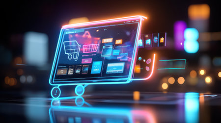 Large, bold Cyber Monday banner in vibrant neon, overlaying a tech e-commerce website filled with deals.の素材