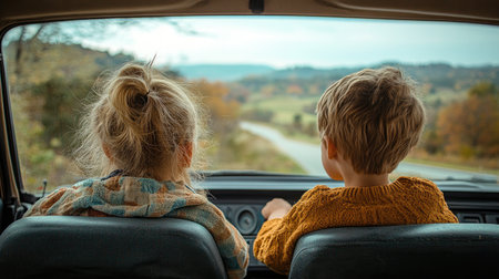 Back view of two children sitting in the car and looking at the roadの素材