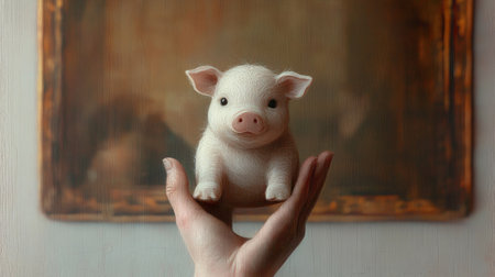 Little pig in hand on the background of a wooden frame. The concept of the year of the pig.の素材