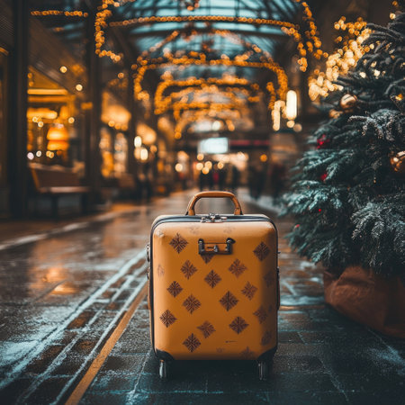 Luggage on the background of the Christmas tree. Travel concept.の素材