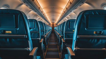 Interior of a commercial airplane with empty seats and escalator.の素材