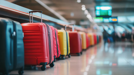 Luggage in the airport terminal. Travel and tourism concept. Blurred background.の素材