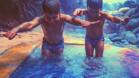 Two boys playing in a hot tub in Bali, Indonesia.の素材
