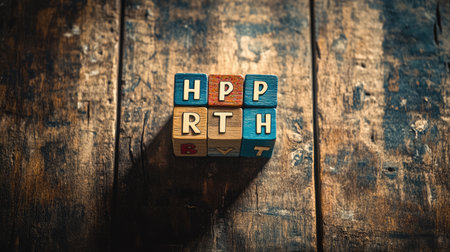 Wooden blocks with the word HAPPY RULH on wooden backgroundの素材