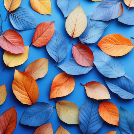 Colorful autumn leaves on blue background. Flat lay, top viewの素材