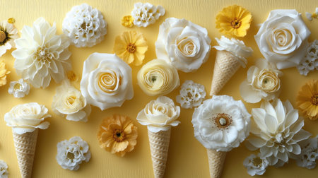 Ice cream cones and flowers on yellow background. Flat lay, top viewの素材