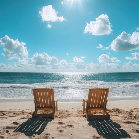 Two beach chairs on the beach under blue sky with white clouds.の素材