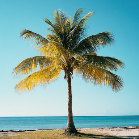 Coconut tree on the beach with blue sky and sea backgroundの素材