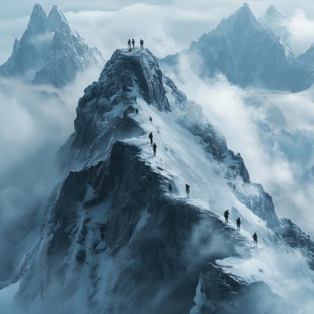 Group of climbers on the top of the mountain. 3D Renderingの素材