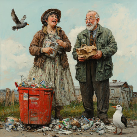 Old man and woman collect garbage in the city.の素材